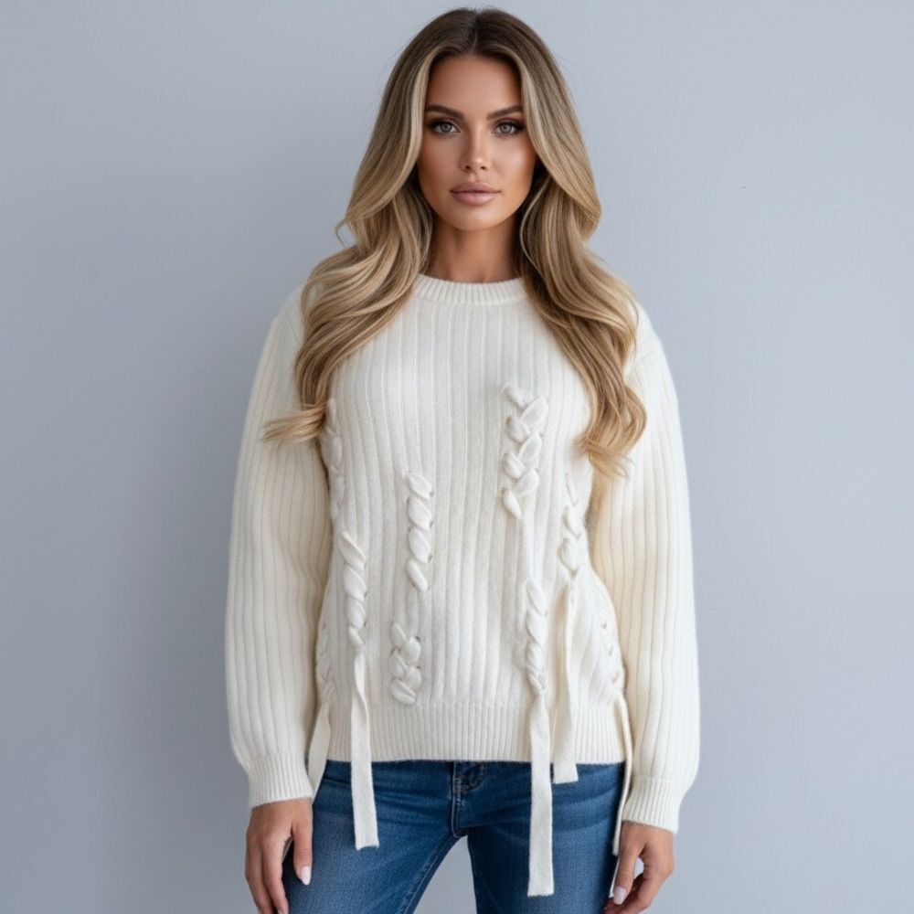 Bemuse Mansion Wool Angora Fuzzy Cream Ribbed Braided Lace-Up Sweater S M